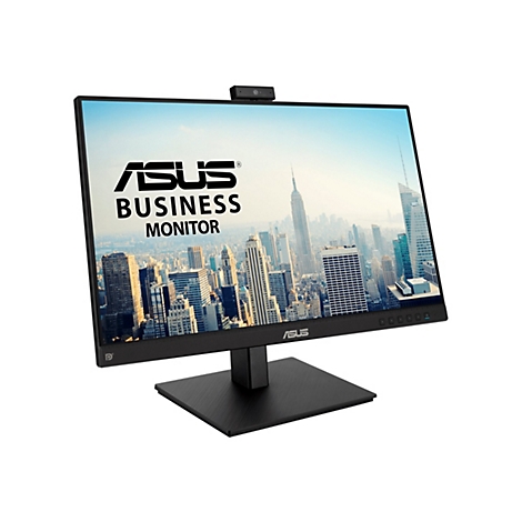 Schwarzer Asus Business-Monitor vor weißem Hintergrund mit Stadtansicht auf dem Display.