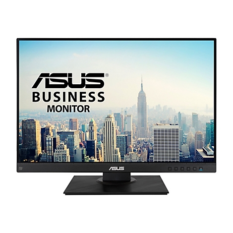 Schwarzer Asus Business Monitor vor weißem Hintergrund mit New York Skyline auf dem Display.