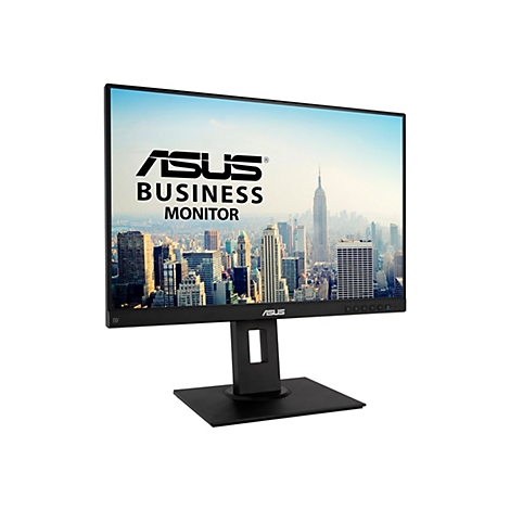 Schwarzer ASUS Business-Monitor mit dünnen Rändern auf quadratischem Standfuß vor Stadtkulisse.