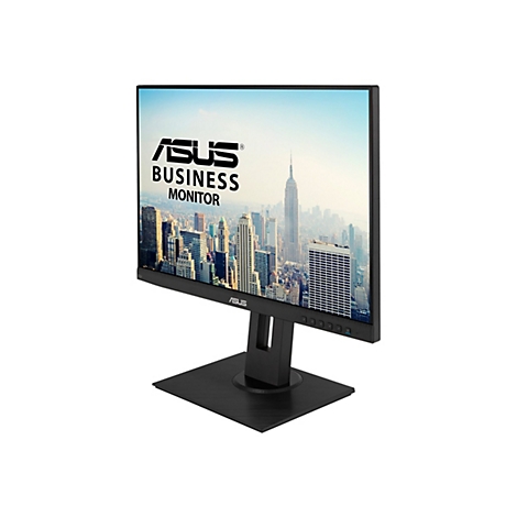 Schwarzer Asus Business Monitor in schräger Ansicht vor weißem Hintergrund mit Skyline-Hintergrundbild.