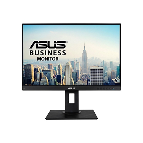 Schwarzer Asus Business-Monitor vor weißem Hintergrund mit New Yorker Skyline auf dem Display.