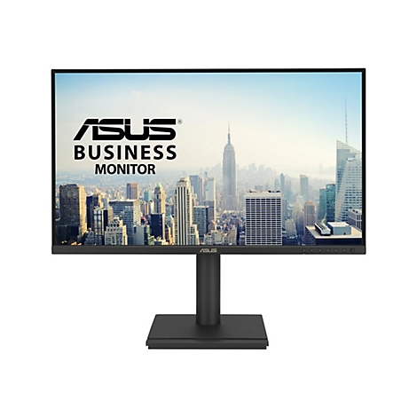 Schwarzer Asus Business Monitor mit dünnem Rahmen vor weißem Hintergrund, auf dem Bildschirm ist eine Stadtansicht.