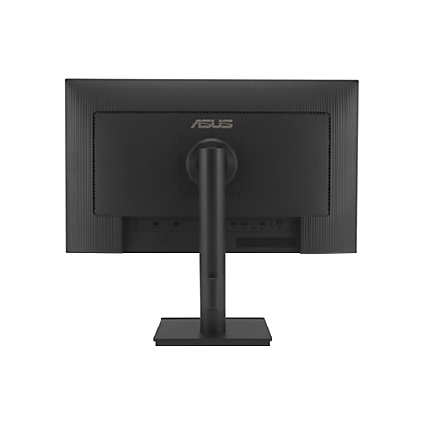 Rückseite eines schwarzen Asus Monitors mit Standfuß und sichtbaren Anschlüssen vor weißem Hintergrund.