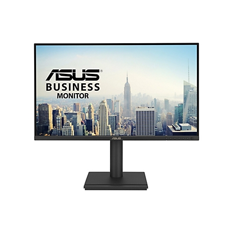 Schwarzer Asus Business Monitor vor weißem Hintergrund mit New Yorker Skyline als Displayhintergrund.