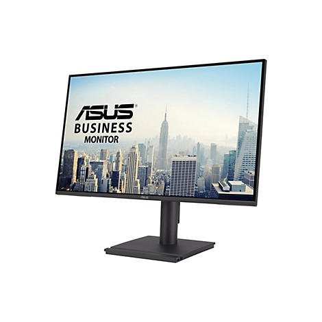 Schwarzer Asus Business-Monitor vor weißem Hintergrund mit Stadtansicht auf dem Display.