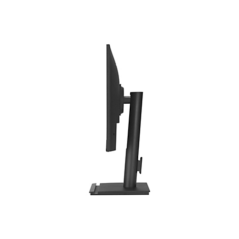 Seitliche Ansicht eines schwarzen Computermonitors mit einem stabilen, vertikalen Standfuß auf weißem Hintergrund.