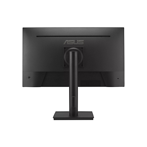 Rückseite eines schwarzen Asus Monitors auf einem Standfuß vor weißem Hintergrund.