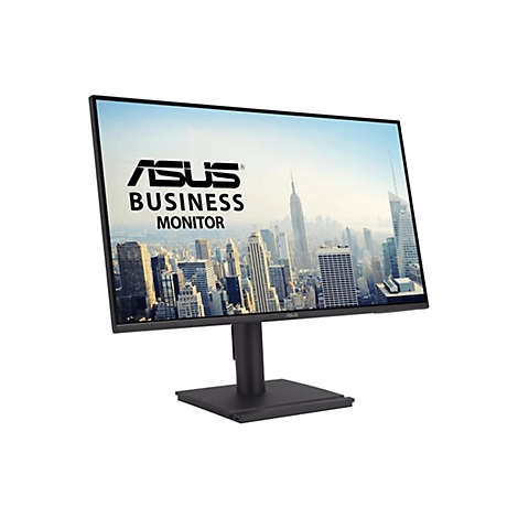 Schwarzer Asus Business Monitor mit dünnem Rahmen vor einer New Yorker Skyline.