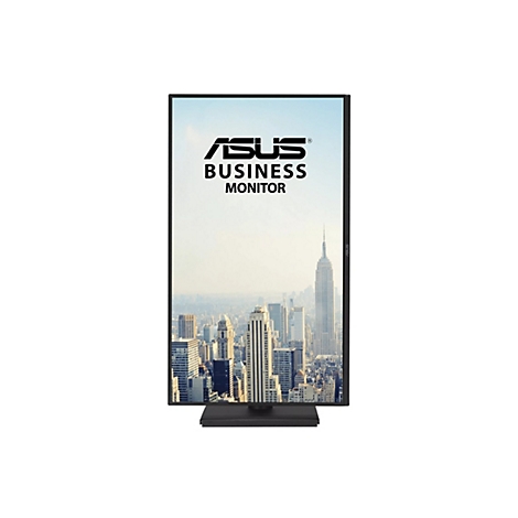 Hochkant aufgestellter ASUS Business Monitor mit New York Skyline Anzeige vor weißem Hintergrund.