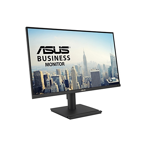 Schwarzer Asus Business Monitor vor weißem Hintergrund mit New Yorker Skyline auf dem Display.