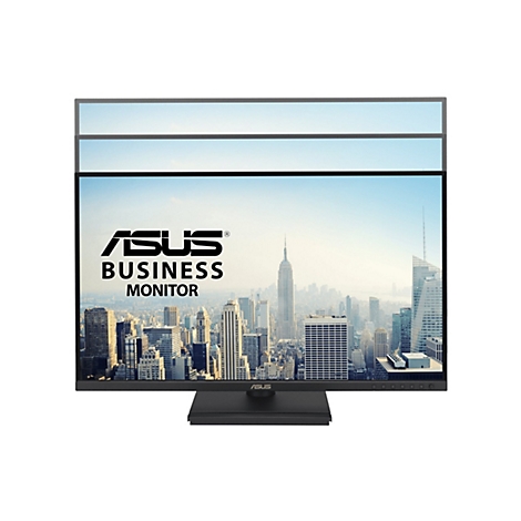 ASUS Business Monitor mit Skyline-Bildschirmhintergrund zeigt die Höhenverstellung in drei Ebenen.