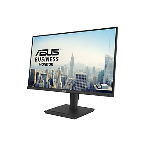 Schwarzer Asus Business-Monitor vor weißem Hintergrund mit Stadtansicht auf dem Display.