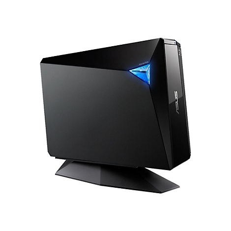 Schwarzer PC mit blaue LED-Beleuchtung und "Ice on Fire" Schriftzug. ASUS Logo seitlich.