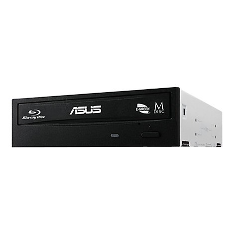 Schwarzes ASUS Blu-ray-Laufwerk mit weißem Gehäuse. Aufschrift: Blu-ray Disc, ASUS, E-Green, M-Disc.