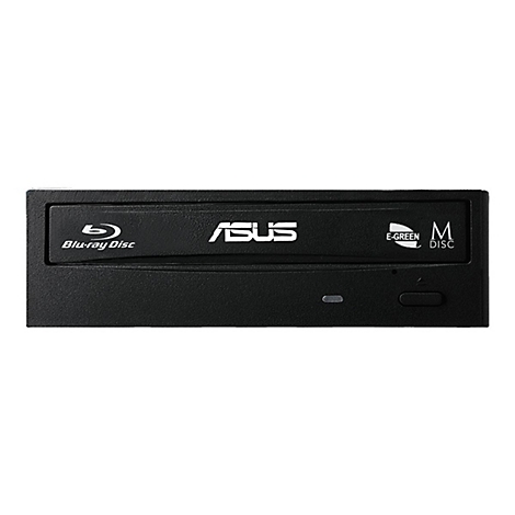Ein schwarzes ASUS Blu-ray-Laufwerk. Darauf befinden sich Logos wie "Blu-ray Disc", "ASUS", "E-GREEN" und "M DISC".