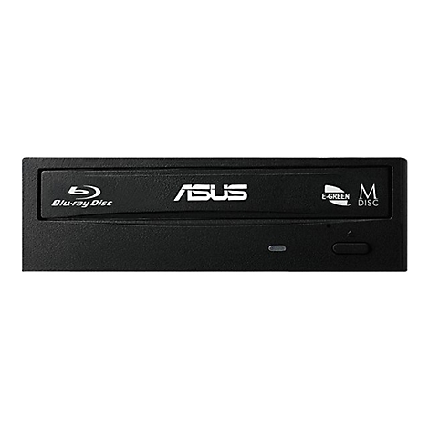 Schwarzes ASUS Blu-ray-Laufwerk. Logo "ASUS", "Blu-ray Disc", "E-GREEN", "M DISC".