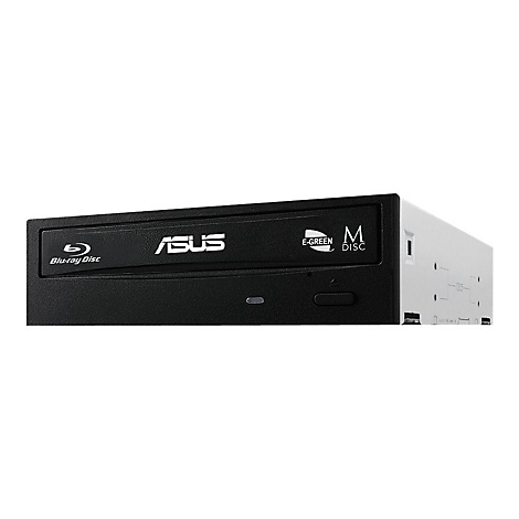 Schwarzes ASUS Blu-ray-Laufwerk auf weißem Hintergrund. Mit Logo und Schriftzügen wie "Blu-ray Disc", "E-Green" und "M Disc".