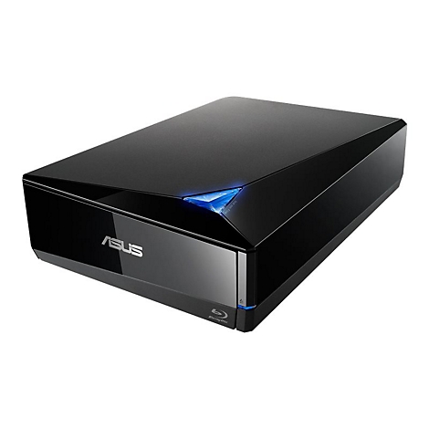 Schwarzes ASUS Blu-ray-Laufwerk; blaue LED, glänzende Oberfläche.