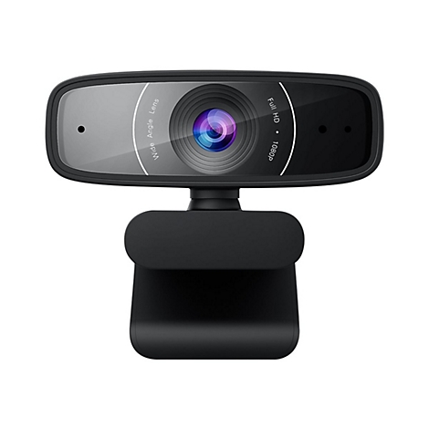 Eine schwarze Webcam, die auf einem weiÃŸen Hintergrund steht. Das Objektiv hat einen violetten Kern. Auf der Linse steht Wide Angle Lens und Full HD 1080p.