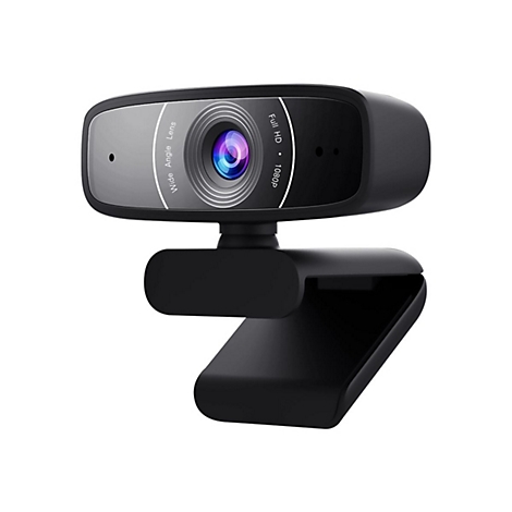 Schwarze Webcam mit 'Wide Angle Lens' und 'Full HD 1080p' Beschriftung.