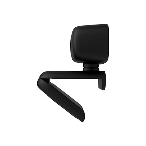 Eine schwarze Webcam im Profil, vor weiÃŸem Hintergrund. Das GerÃ¤t hat eine quadratische Form mit einem rechteckigen Teil und einer Halterung.