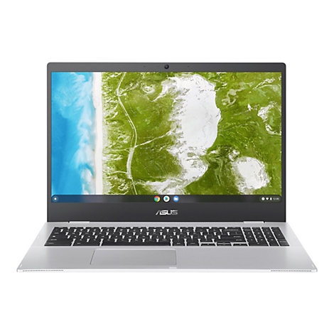 Silbernes Asus Chromebook mit schwarzer Tastatur vor weißem Hintergrund.