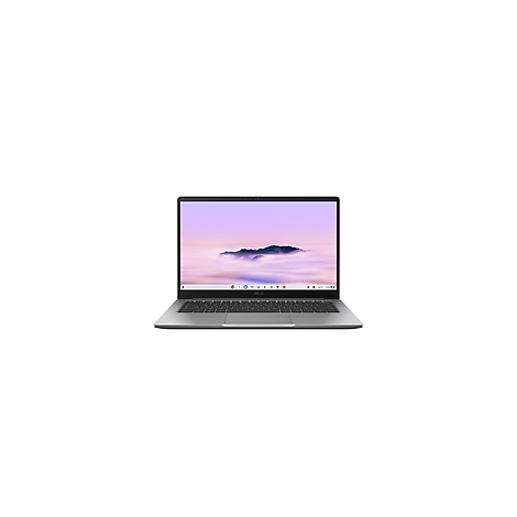 Grauer Laptop mit offenem Display. Auf dem Bildschirm ist ein Bergpanorama vor rosa-violettem Himmel zu sehen.