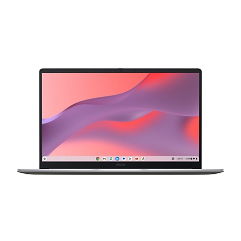 Frontansicht eines silbernen Asus Chromebook Laptops mit eingeschaltetem Bildschirm vor weißem Hintergrund.