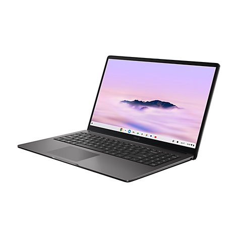 Ein graues ASUS Chromebook im Drei-Viertel-Winkel mit geöffnetem Display vor weißem Hintergrund.