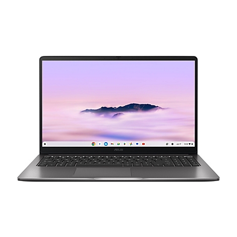 Dunkelgrauer Asus Laptop mit aufgeklapptem Bildschirm, der eine Berglandschaft über den Wolken zeigt.
