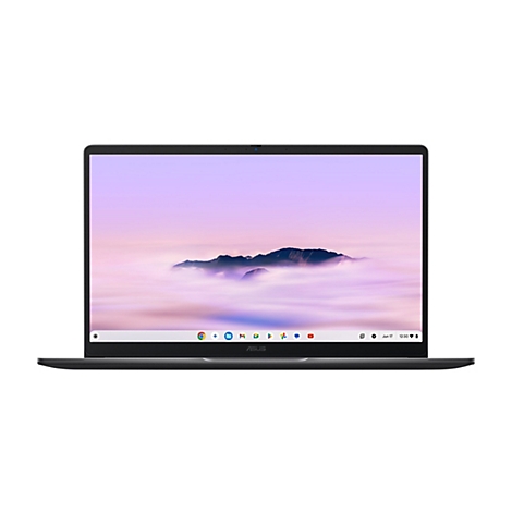 Frontansicht eines ASUS Chromebooks mit Hintergrundbild von Bergen über Wolken und ChromeOS-Taskleiste.