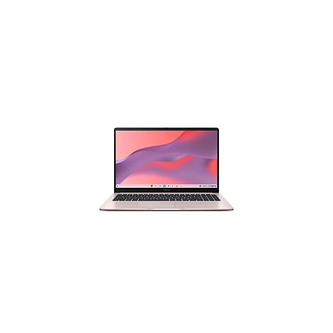 Ein offenes, silberfarbenes Laptop auf weißem Hintergrund. Der Bildschirm zeigt ein abstraktes, rosa-violettes Muster.