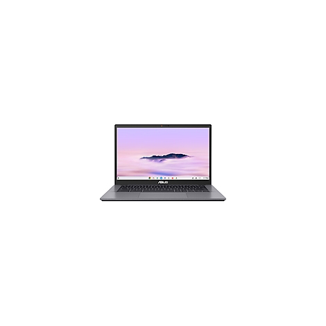 Grauer Laptop mit offenem Display. Auf dem Display ist ein lila Himmel mit Wolken zu sehen.