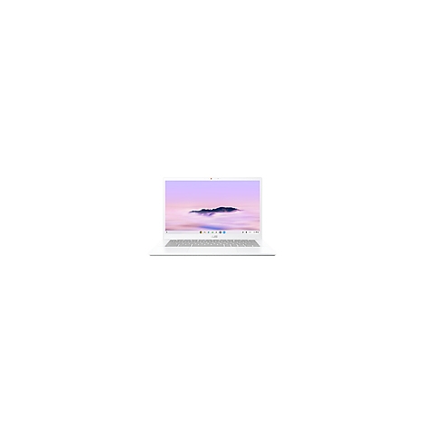 Weißer Laptop mit hellviolettem Bildschirmhintergrund. Unten Logo und Bedienelemente.
