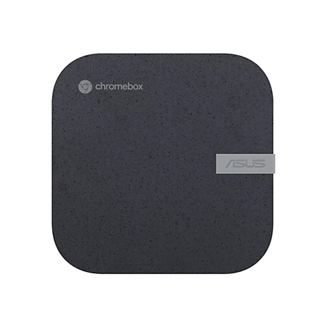Chromebox gris foncé avec coins arrondis. La surface indique "chromebox" et "ASUS".