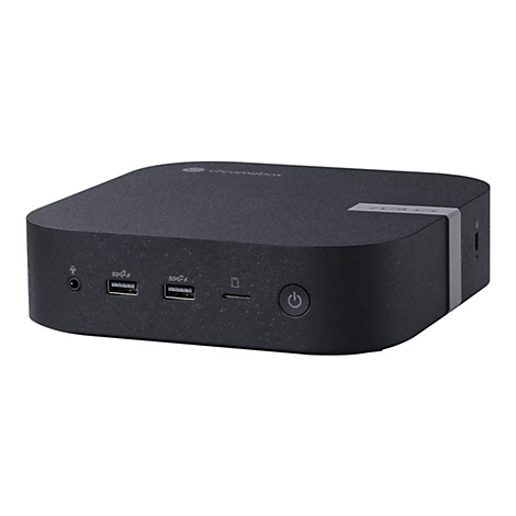 Ordinateur Chromebox noir avec ports, bouton d'alimentation latéral et logo.