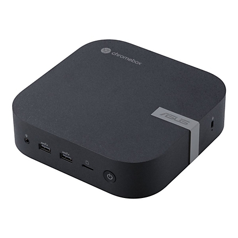 Un PC Asus Chromebox noir, carré avec des coins arrondis, logo de la marque, ports.