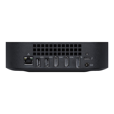 Schwarzes Gerät mit Anschlüssen wie Ethernet, USB, HDMI und Stromanschluss. Gezeigt ist die Rückseite.