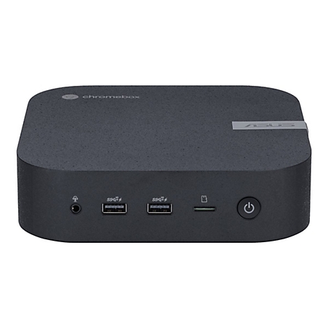 Schwarzer chromebox-Computer mit ASUS-Logo. Auf der Vorderseite: Klinke, 2 USB-Ports, SD-Kartenleser und Ein-/Ausschalter.