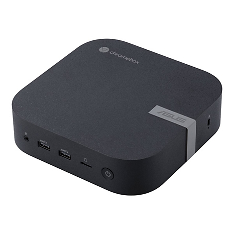 Schwarzer ASUS Chromebox-Mini-PC. Oben links: chromebox-Logo. Vorne: Anschlüsse für USB, Kopfhörer und Power-Taste.