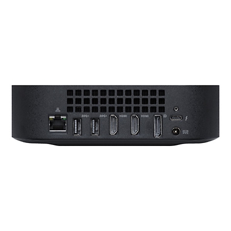 Rückseite eines schwarzen Mini-Computers mit Anschlüssen für LAN, USB, HDMI, Strom und Kopfhörer.