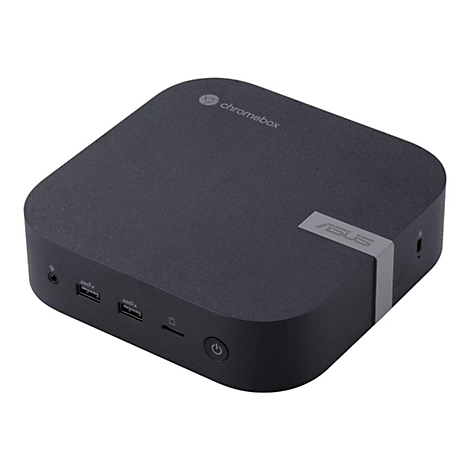 Schwarze Asus Chromebox mit abgerundeten Ecken, Anschlüssen an der Vorderseite und dem Asus-Logo.