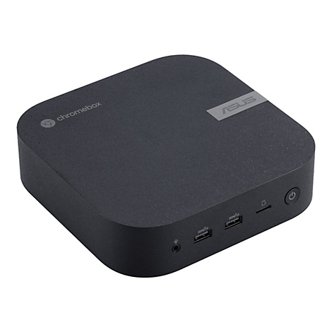 Schwarze, quadratische ASUS Chromebox mit abgerundeten Ecken, Anschlüssen und Logo auf weißem Hintergrund.