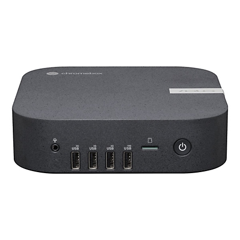Dunkelgraue Asus Chromebox mit USB-Anschlüssen, Netzschalter und Logo. Abgerundete Kanten, Detailansicht.