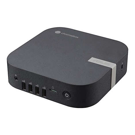 Dunkelgraue Asus Chromebox mit USB-Anschlüssen, Power-Button und weißem ASUS-Logo auf der Oberseite.