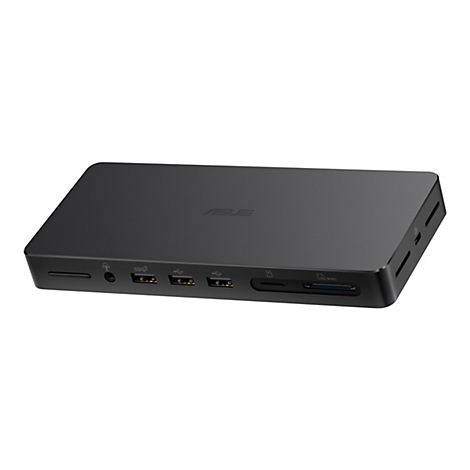 Schwarze ASUS-Dockingstation. Auf der Vorderseite befinden sich verschiedene AnschlÃ¼sse.