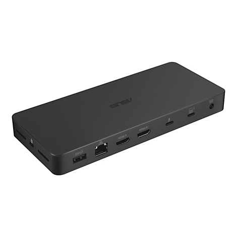Schwarze ASUS Dockingstation mit AnschlÃ¼ssen, auf weiÃŸem Hintergrund.