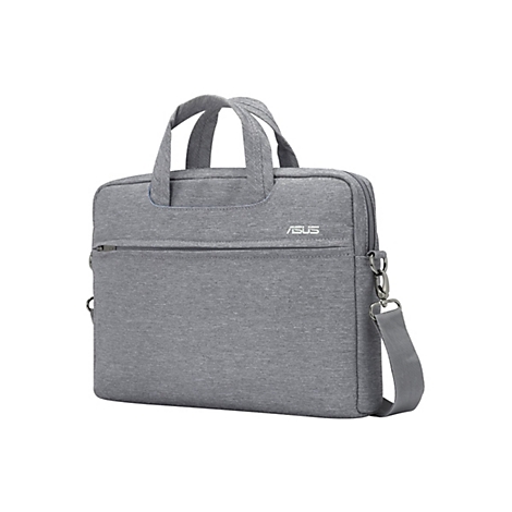 Graue Asus Laptoptasche mit Tragegriffen und Schulterriemen vor weißem Hintergrund.