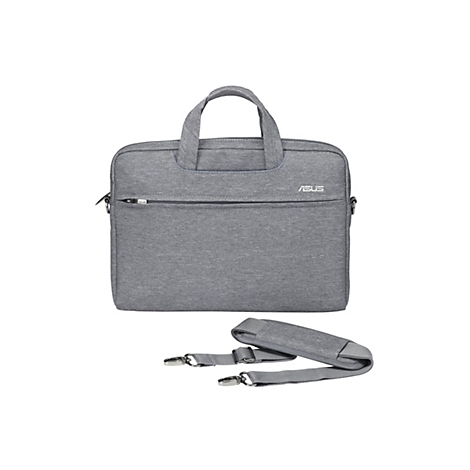 Graue Asus Laptoptasche mit Tragegriffen und abnehmbarem Schultergurt vor weißem Hintergrund.