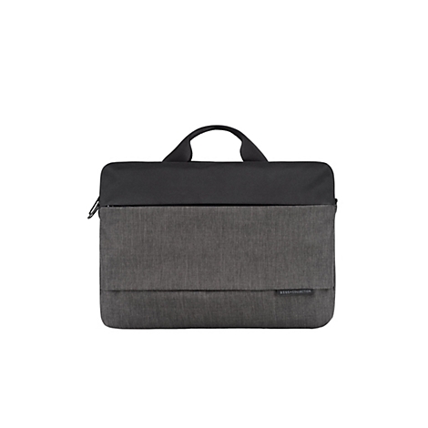 Flache Laptop-Tasche in Dunkelgrau und Schwarz mit Tragegriffen und ASUS-Collection-Label vor weißem Hintergrund.